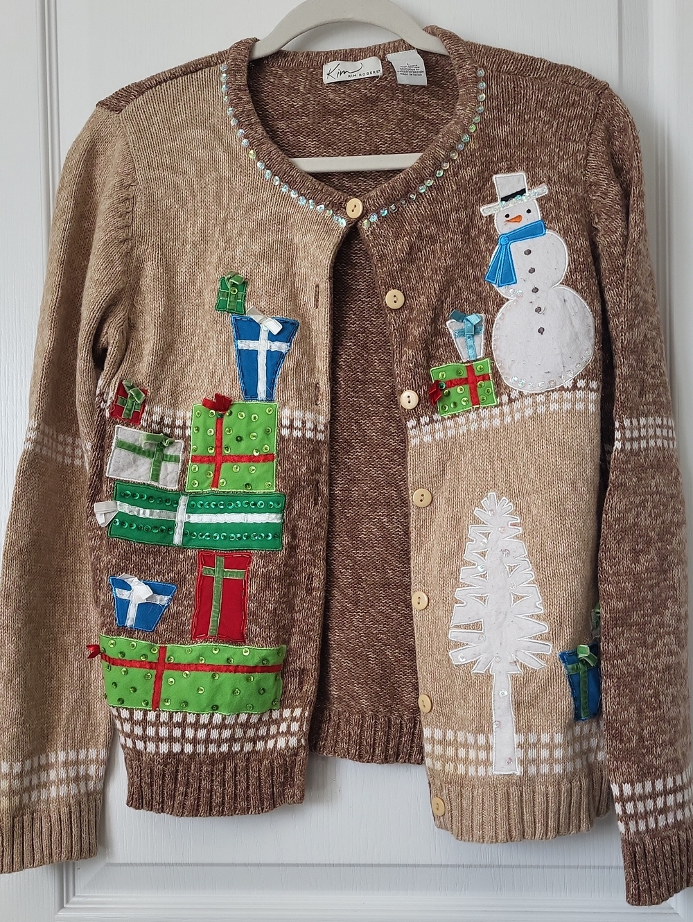 Kim Rogers Brown & Beige Holiday Cardigan with Snowman and Gift Appliqués Large